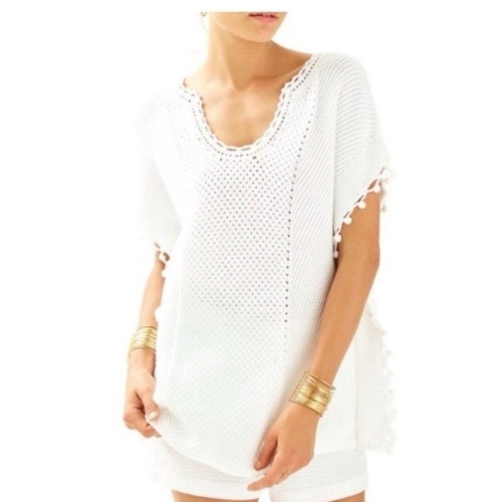 Lilly Pulitzer White Keating Short Sleeve Sweater Pom Pom Tassel Poncho Pullover